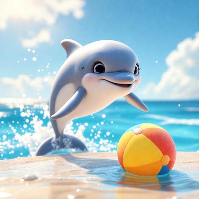 The primary subject of the image is a cute cartoon dolphin, which is the main focus of the scene. The dolphin is standing on a beach, with a yellow and orange ball nearby. The setting is a beach environment, and the visual style appears to be a digital art or illustration. The colors and mood of the image are bright and cheerful, with the dolphin and the ball creating a fun and playful atmosphere.